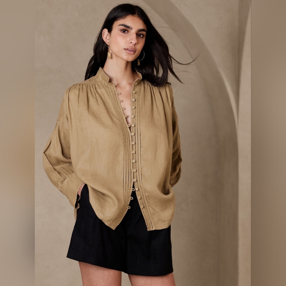 Banana Republic Mira Blouse 100% Linen Long Sleeves Size XS Oversized Green